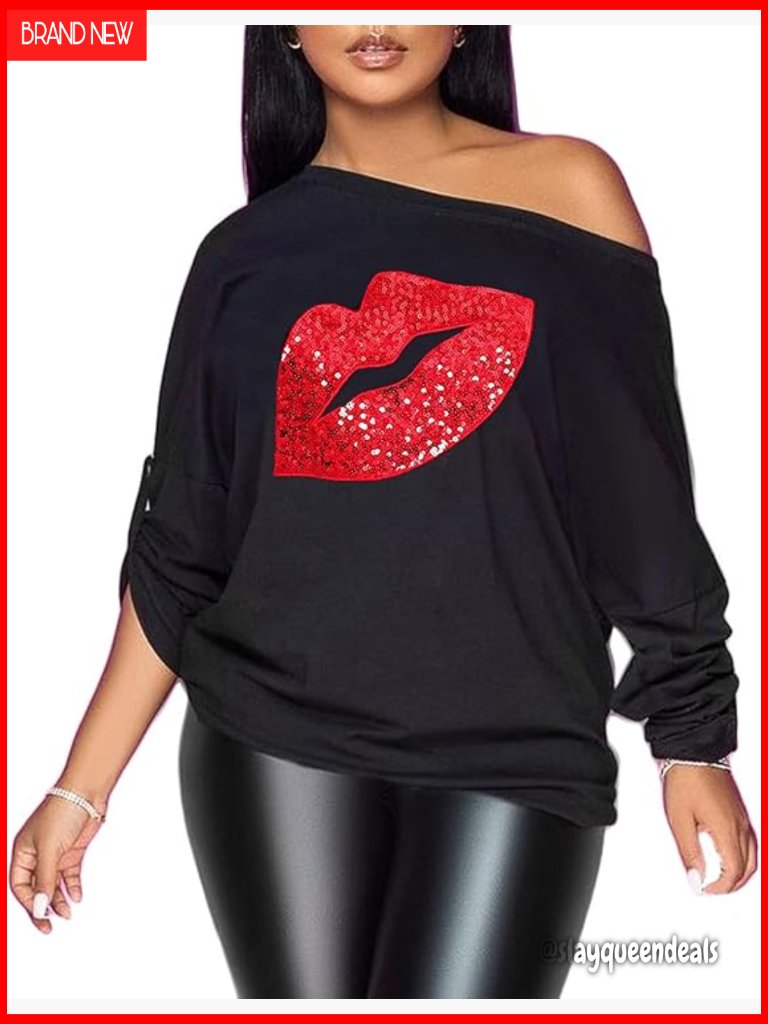 Off Shoulder Long Sleeve T-Shirt Loose Fit Sequin Fabric Party Wear